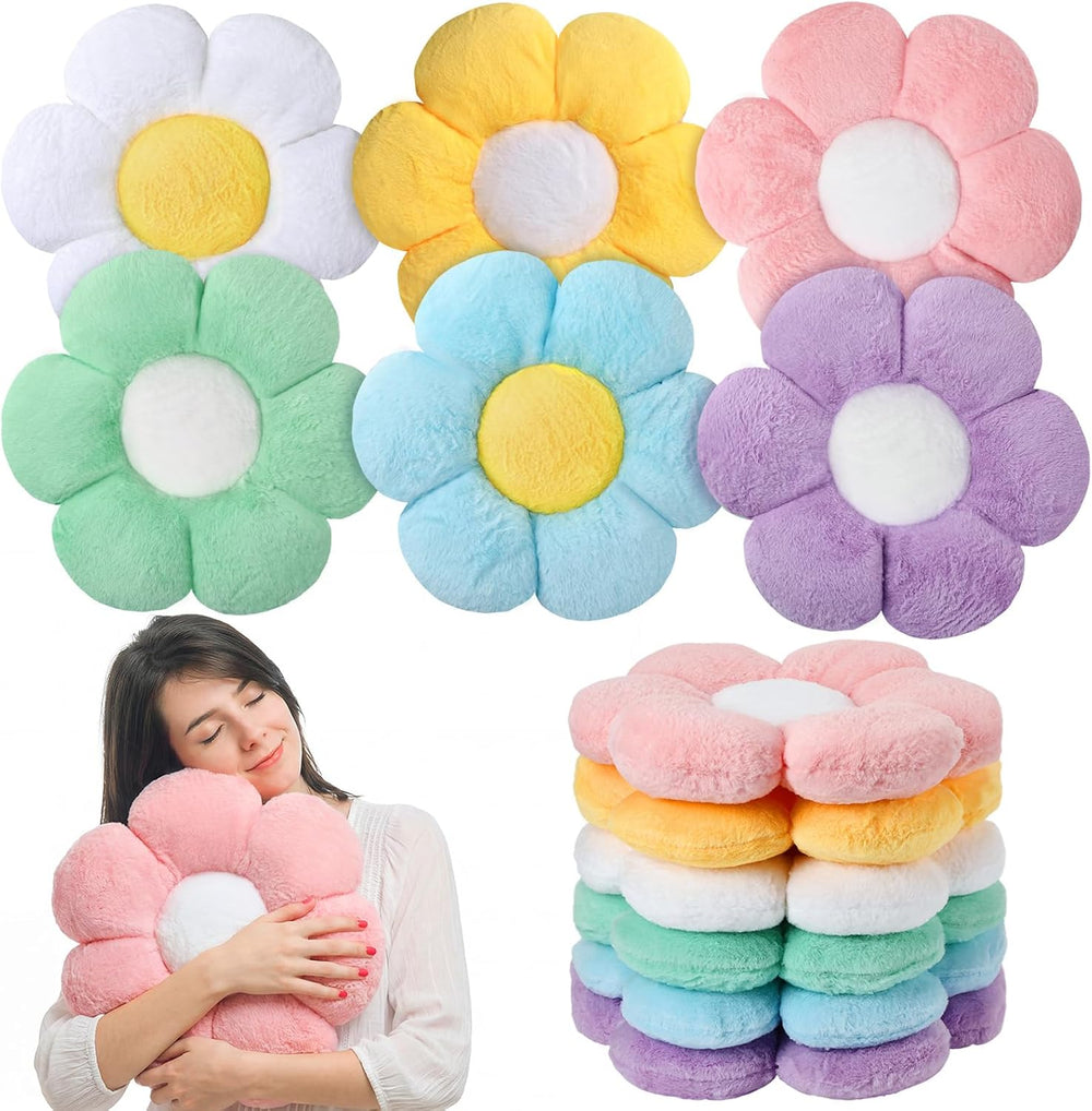 Coume 6 Pcs Flower Pillow Daisy Floor Cushions Decor, Pastel, Long Plush