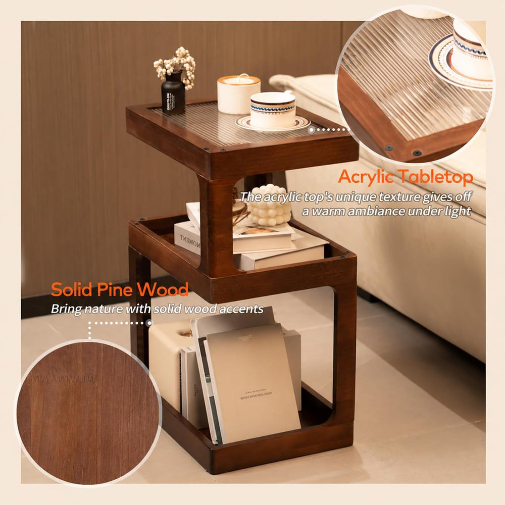 Solid Wood Side Table, 3 Tier Small End Table, Brown Accent Table