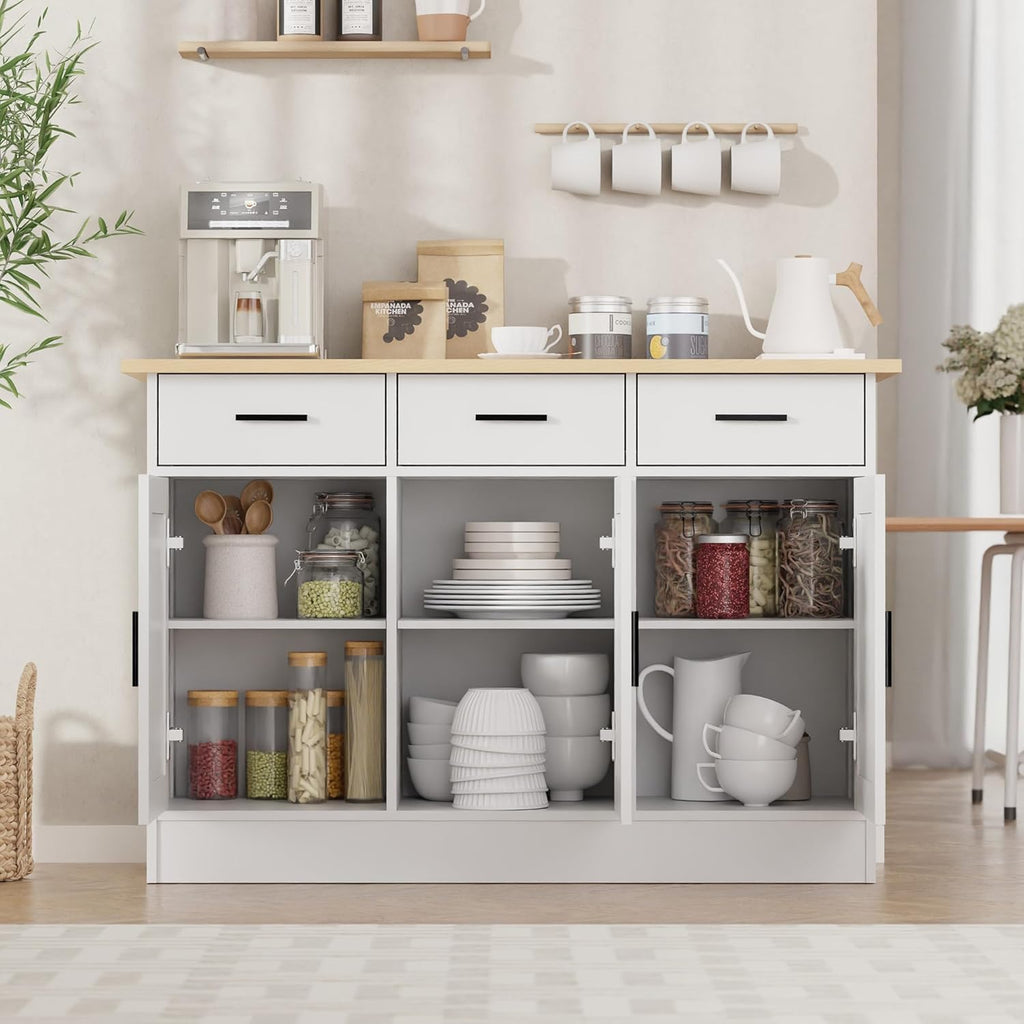 Buffet Cabinet with Storage - Buffets & Sideboards Kitchen Storage Cabinet, Wood Console Table Coffee Bar Accent Cabinets for Living Room Dining Room Entryway Large 3 Doors & Drawers, White 47.2"W