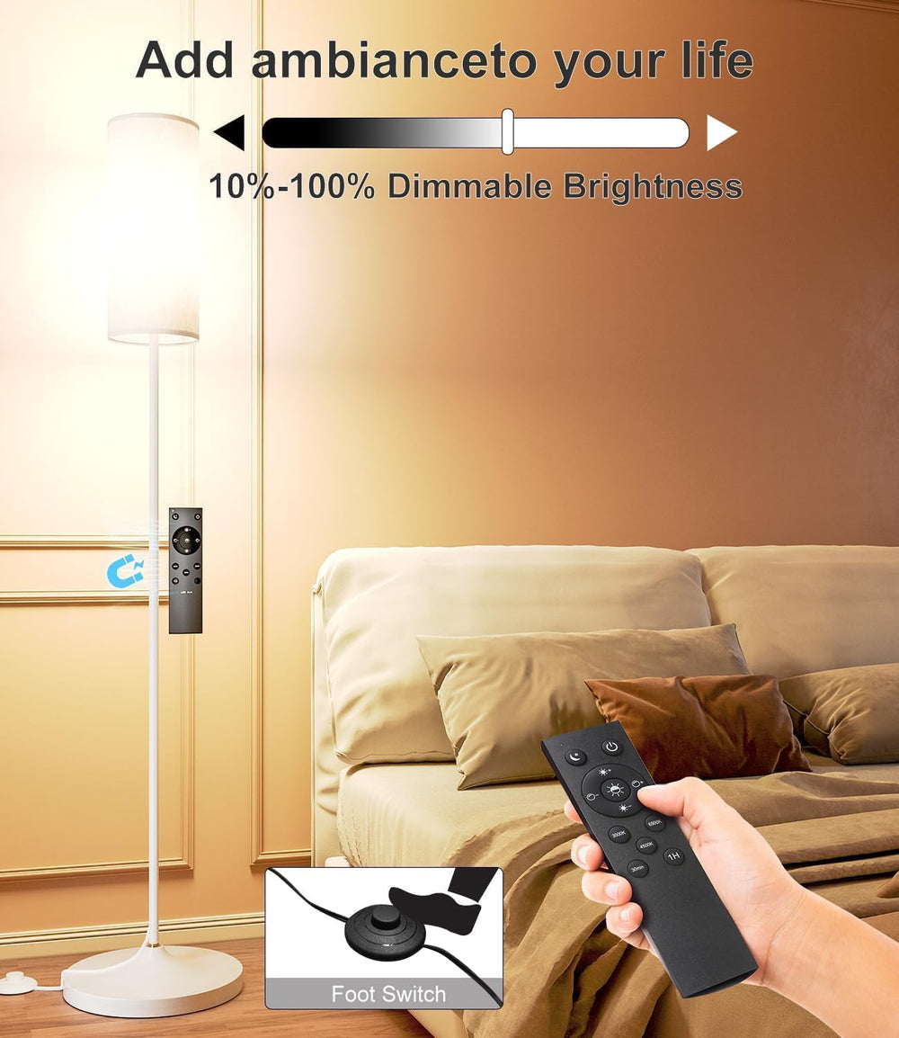 USTO Dimmable Floor Standing Tall Lamp, 12W Led Bulb with Lampshade,White