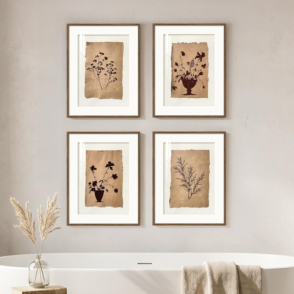 Framed Vintage Botanical Plant Wall Art for Bathroom, 11x14 In 4 Piece