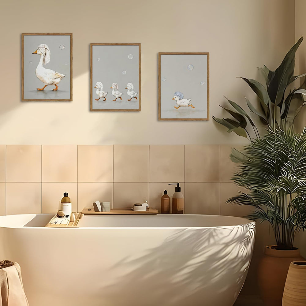 Cute Goose Bathroom Wall Art Set of 3, Funny Duck Bath Wall Decor Painting, W...