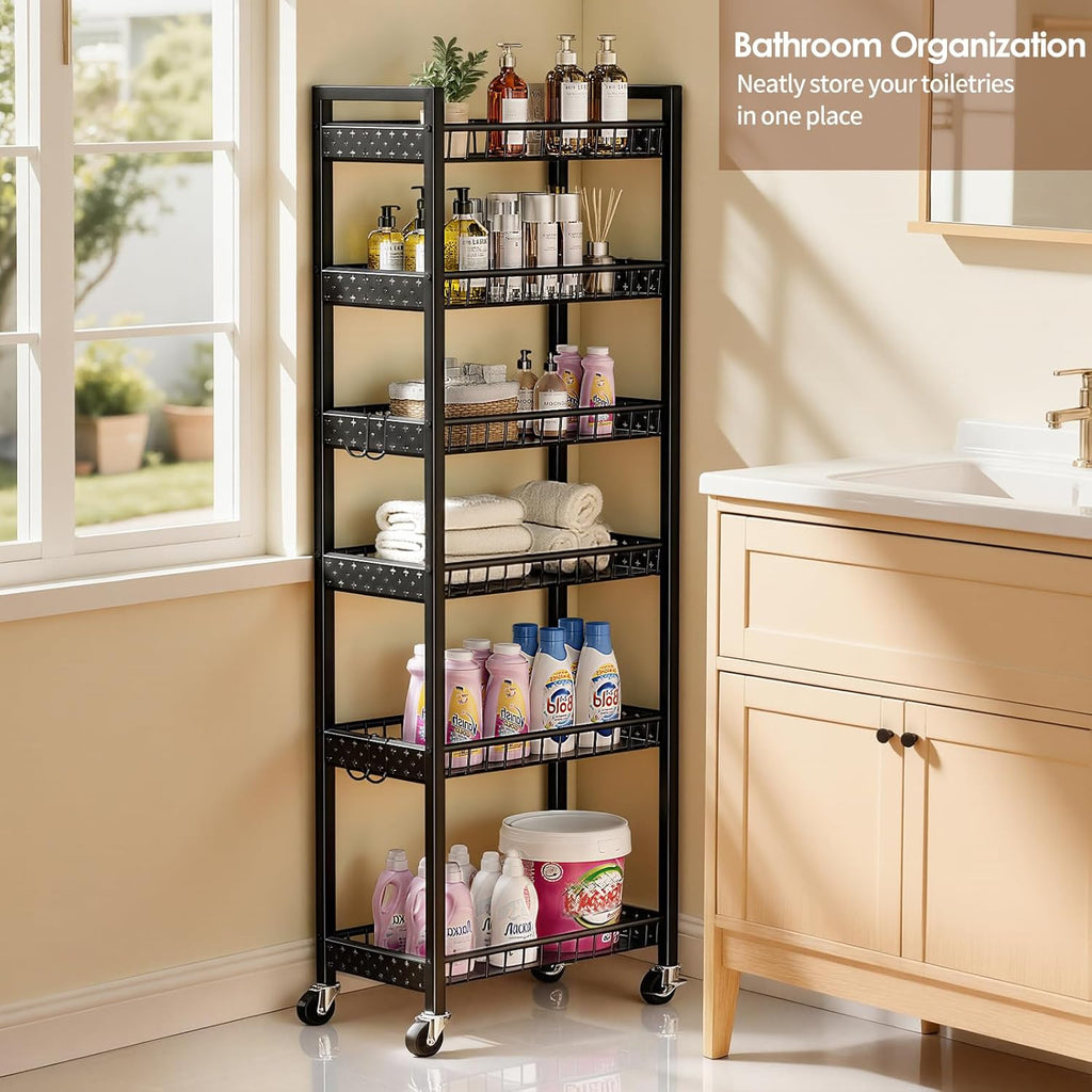 6 Tier Slim Storage Cart, Narrow Rolling Cart with Wheels, 10in(W) | Narrow Mobile Utility Shelf Unit Organizer for Kitchen, Bathroom, Laundry Room, Living Room, Small Places, Black