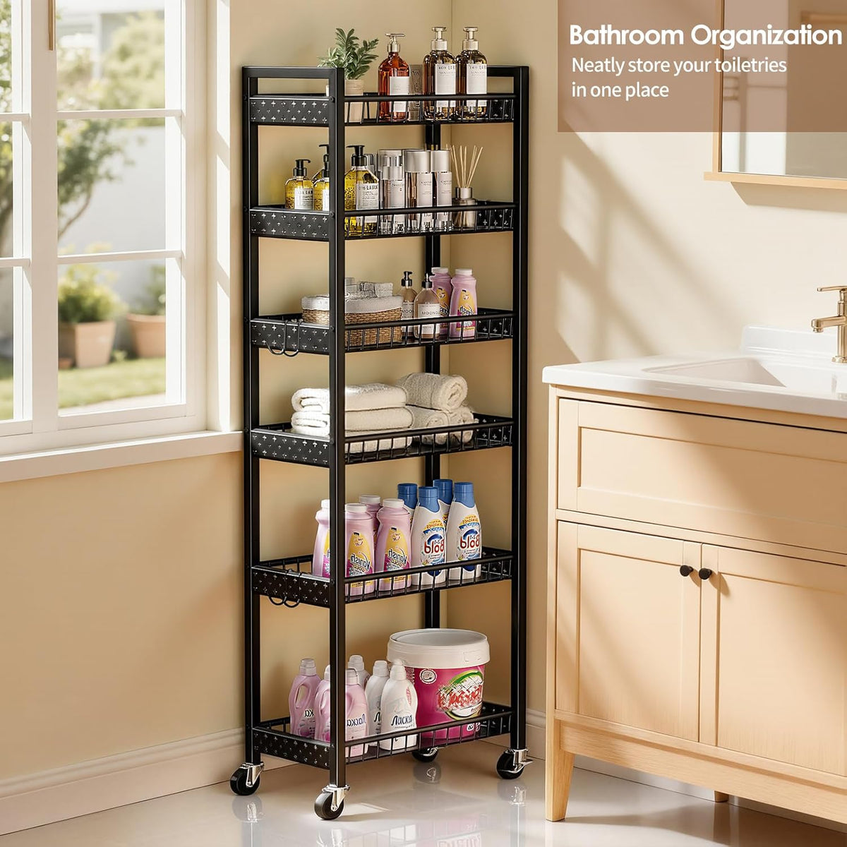 6 Tier Slim Storage Cart, Narrow Rolling Cart with Wheels, 10in(W) | Narrow Mobile Utility Shelf Unit Organizer for Kitchen, Bathroom, Laundry Room, Living Room, Small Places, Black