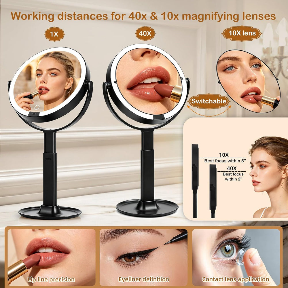 9" 2-Sided Makeup Magnifying Mirror with Lights, 1X+Interchangeable 10X/40X