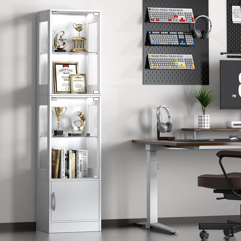 Display Cabinet with Glass Doors, RGB Lighting & Bottom Storage, White