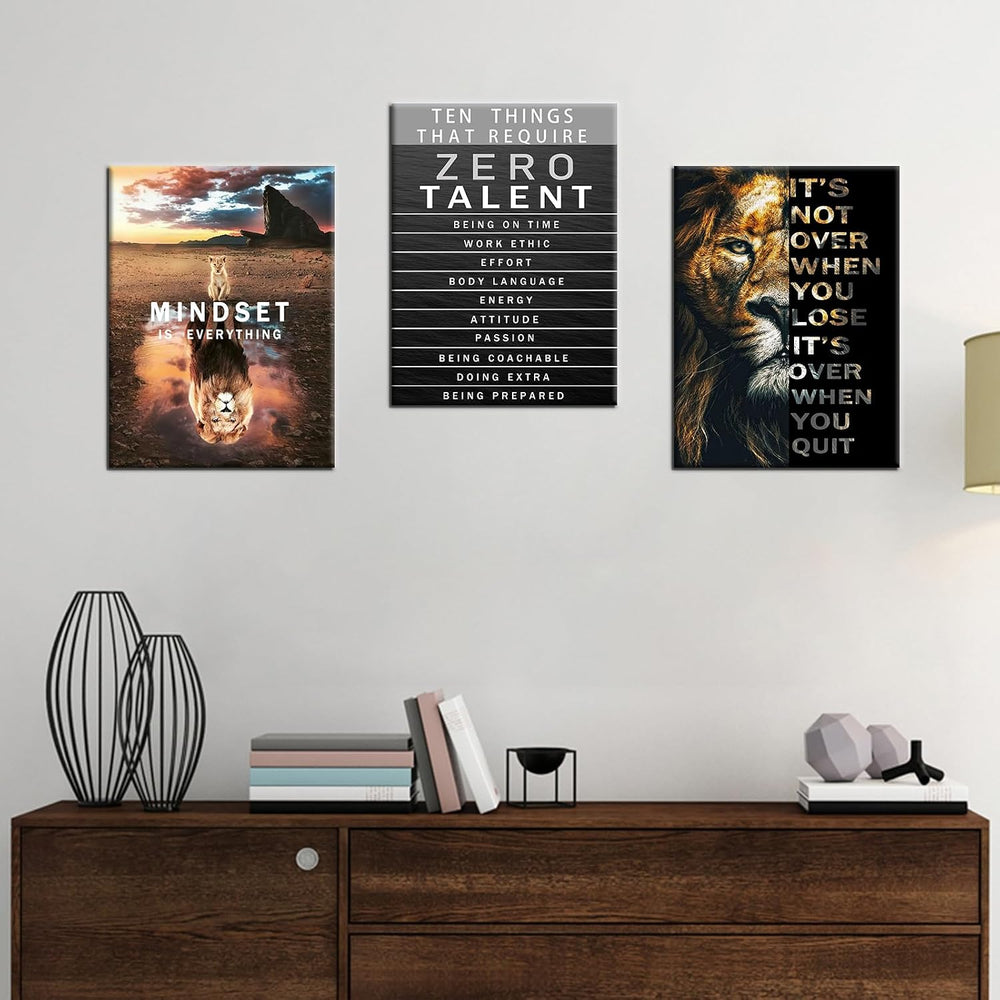 QYHART Lion Mindset Zero Talent 3 Piece Canvas Wall Art Office Wall Decor