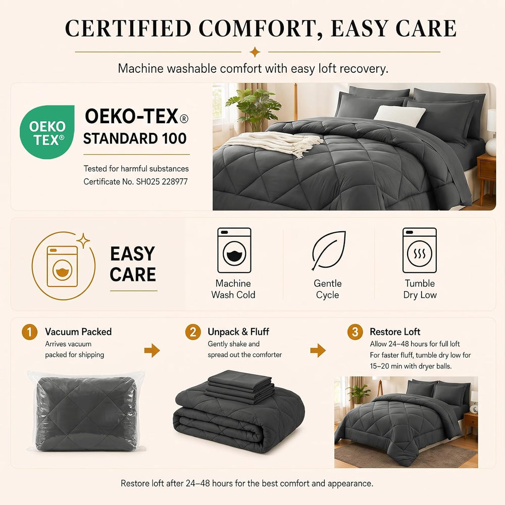 CozyLux Queen Comforter Set 88"x88" Black - 7 Piece Bed in a Bag