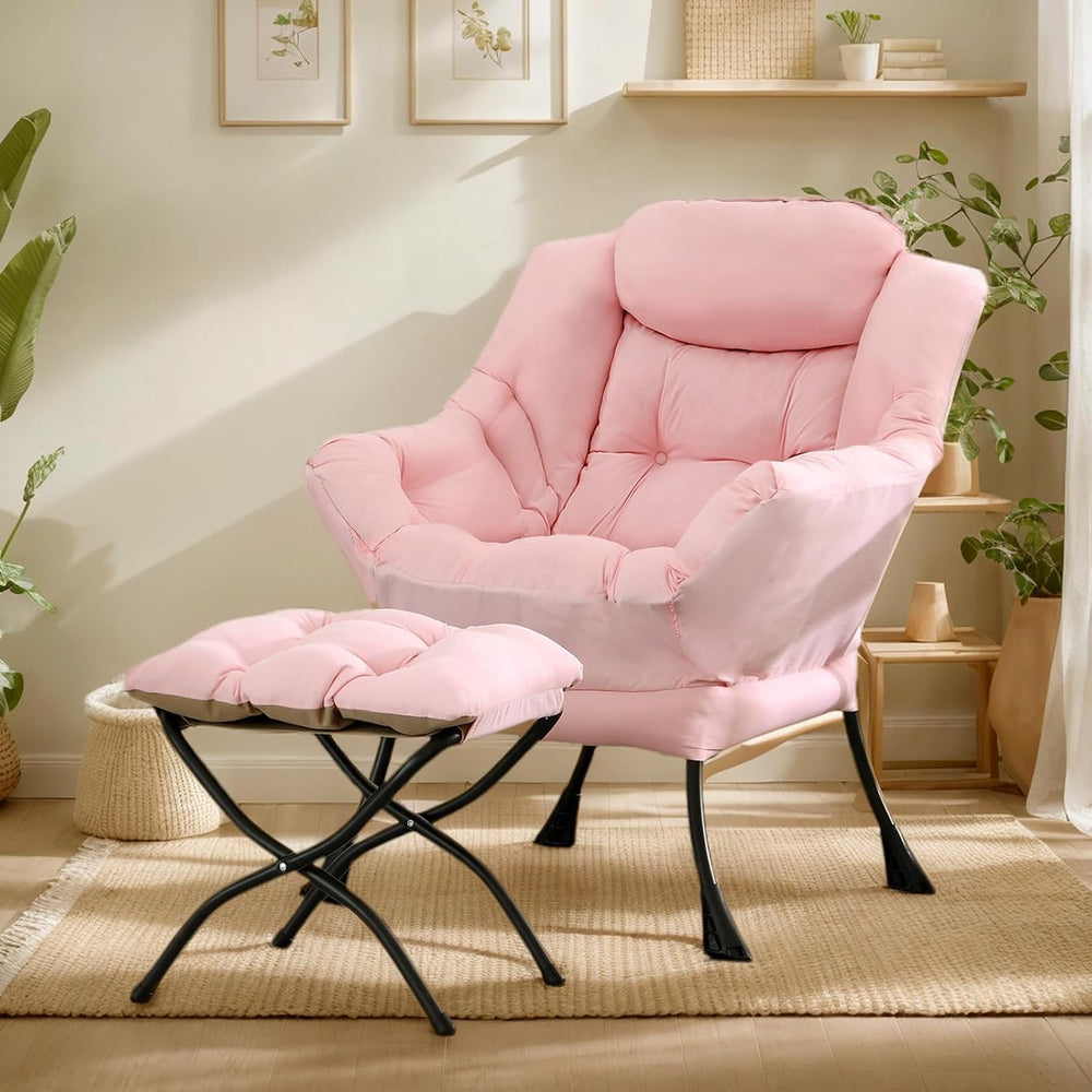 Lazy Chair with Ottoman, Soft Comfy Chair for Bedroom, Pink