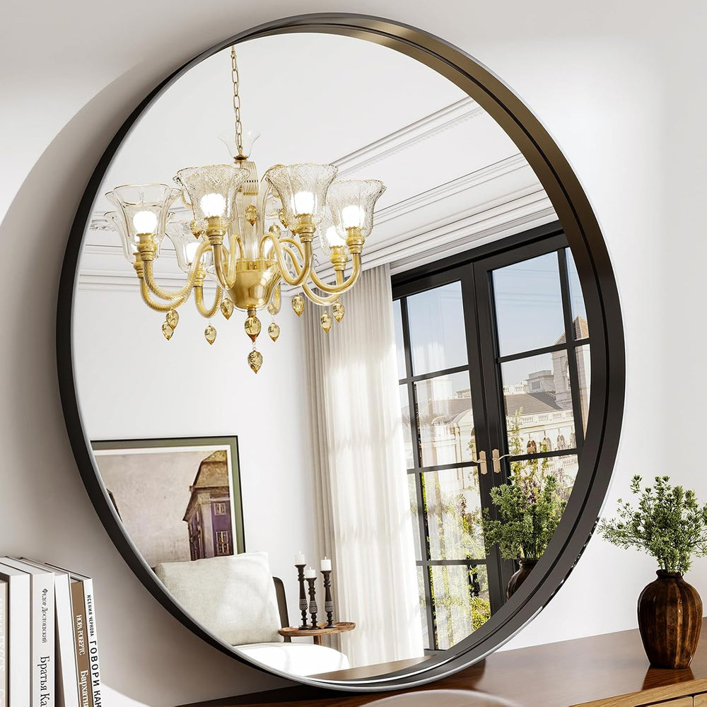 36 Inch Round Bathroom Mirror - Wall Mounted Circle Mirror with Metal Frame, ...