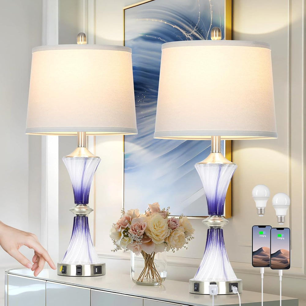Rinweey Purple Glass Table Lamp Set of 2 with USB C+A Ports & AC Outlet, ...