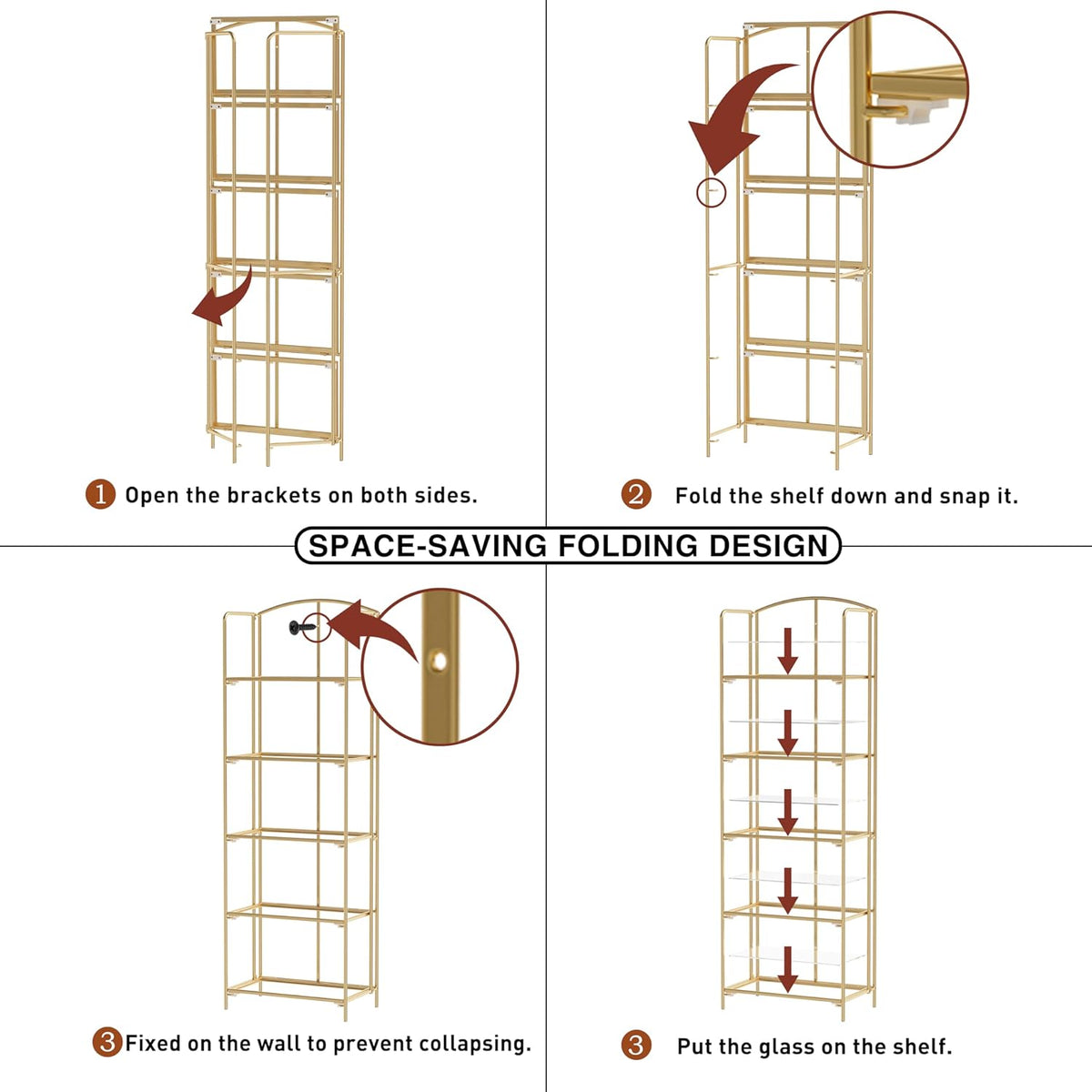 crofy 5-tier foldable bookshelf, gold frame & transparent, side view
