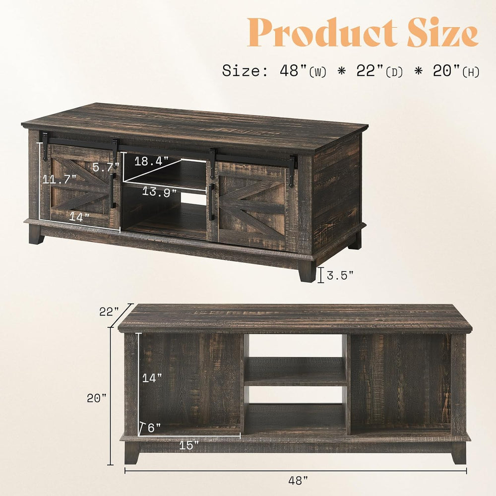 AMERLIFE 48" Farmhouse Coffee Table with Sliding Barn Doors, Black Oak