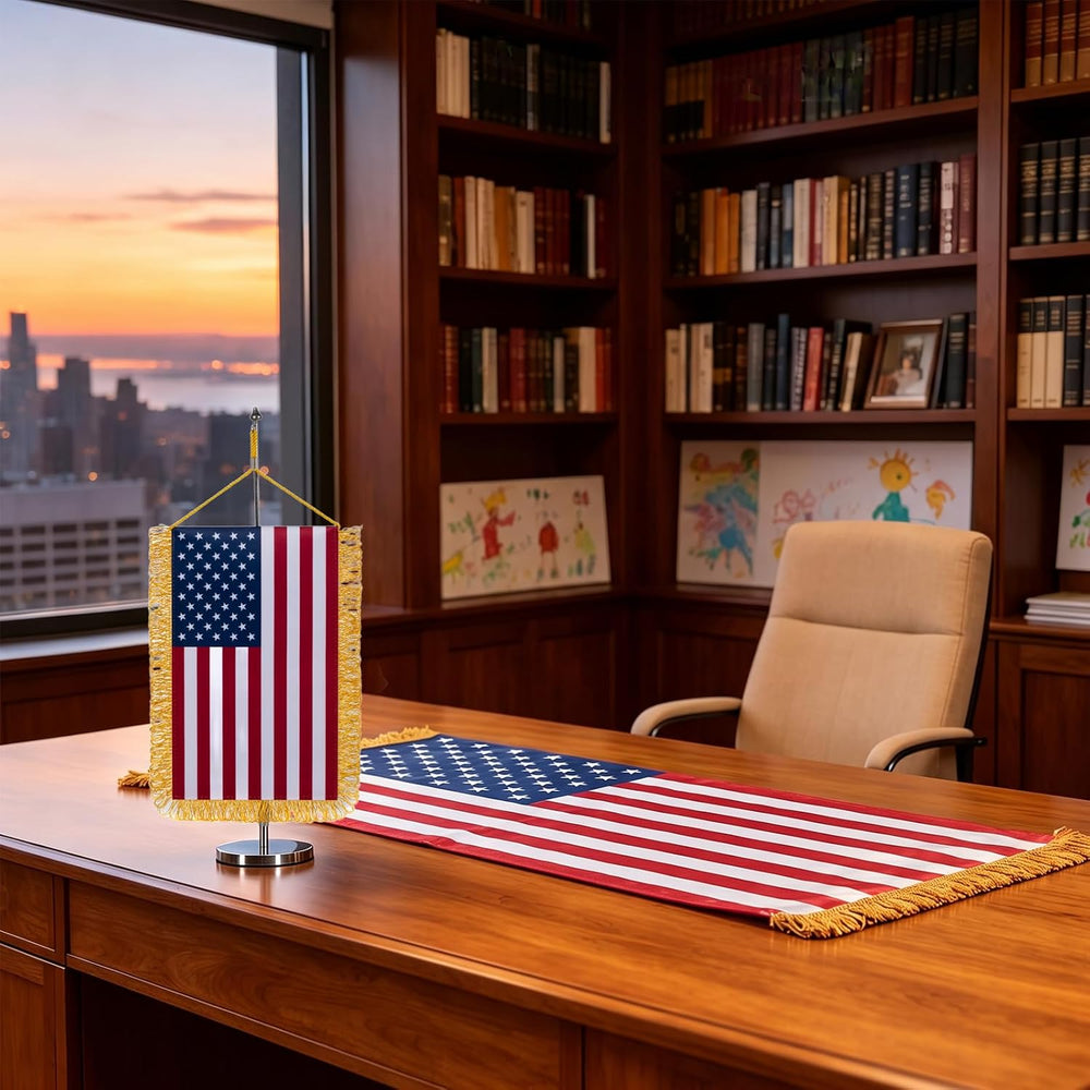 American Desktop Set with Fringe, US Desk Flags 7.5x10.5 Inch American USA Fl...