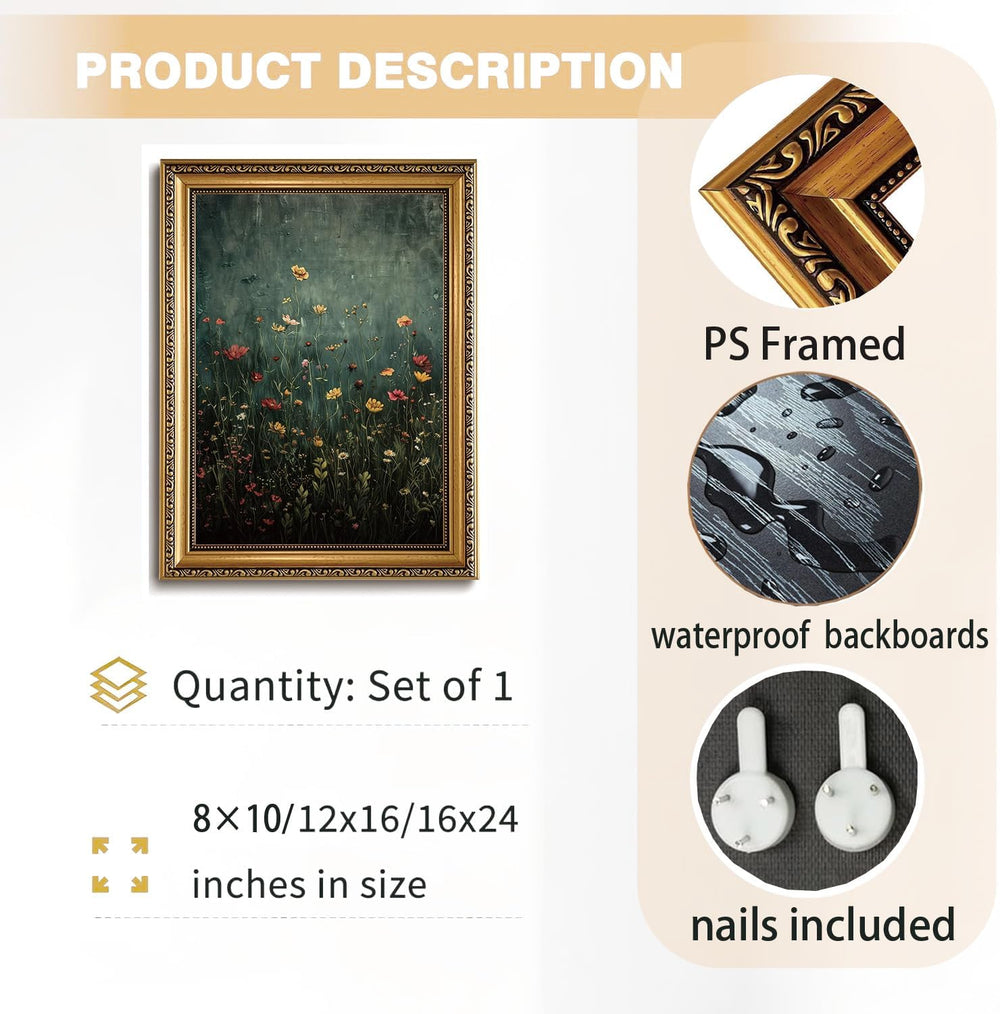 Green Wildflower Gold Framed Canvas Wall Art 16x24 inch