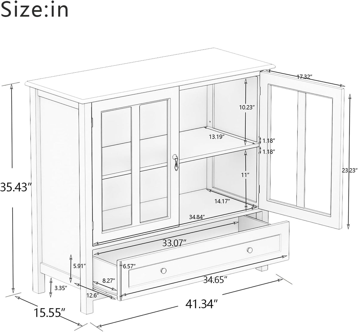 RASOO White Modern Buffet Cabinet with Double Glass Doors