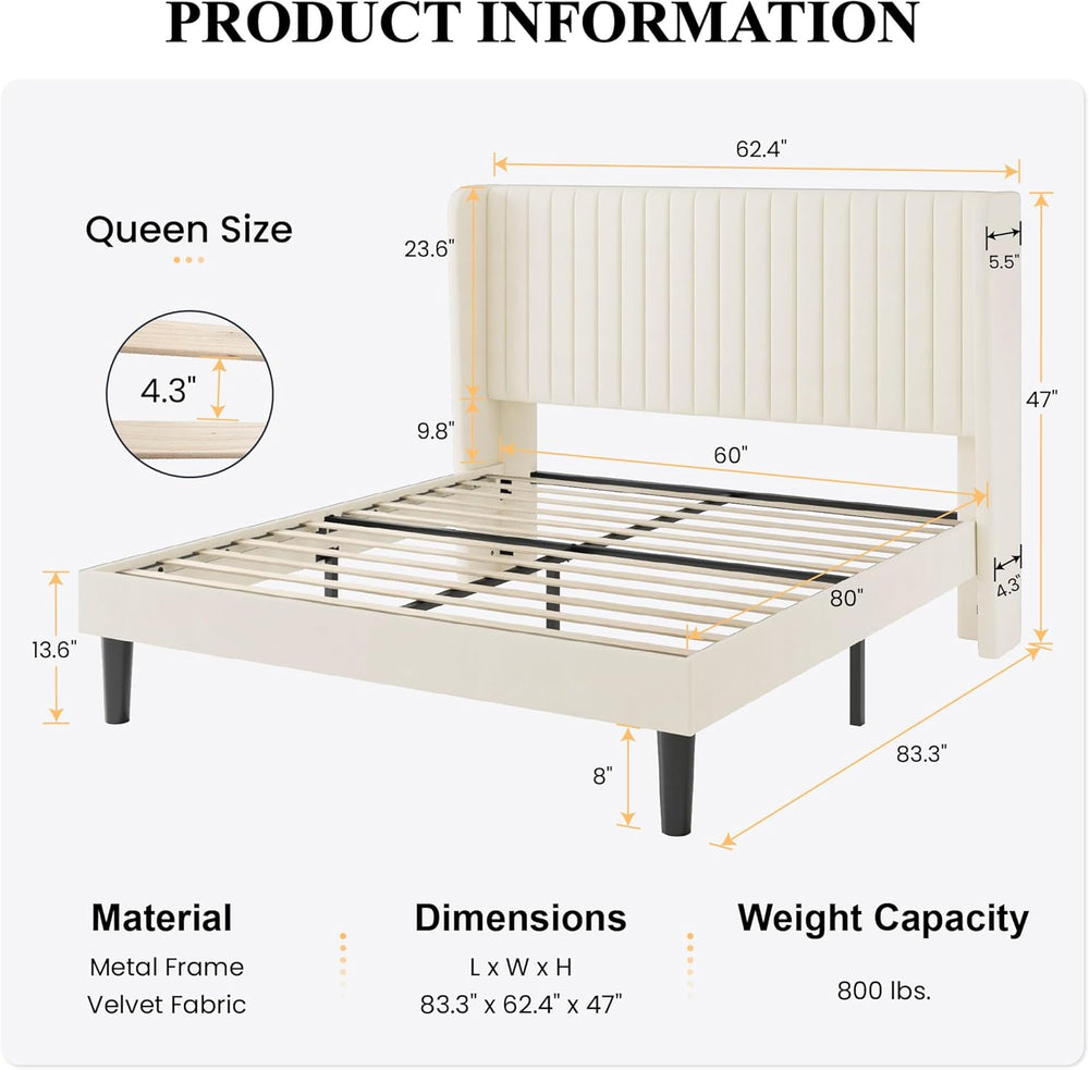 SHA CERLIN Queen Size Velvet Bed Frame, Tufted Wingback Headboard, Cream