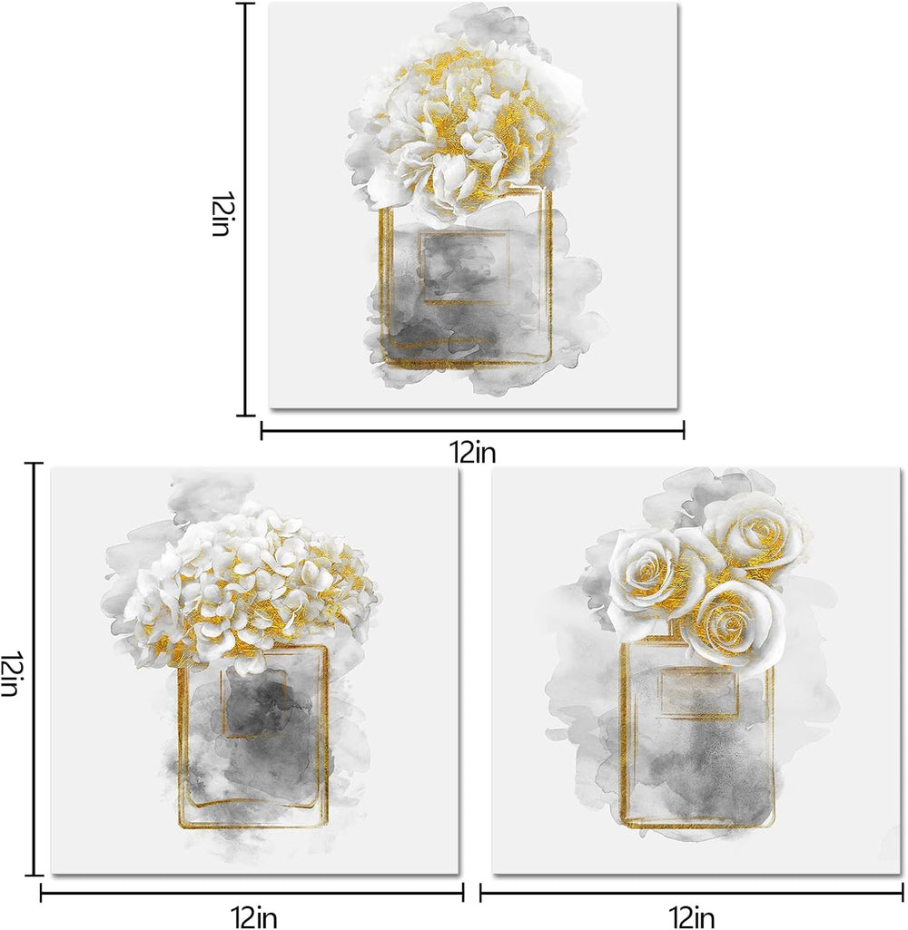 HOMEOART Gold Grey Bathroom Decor Pictures Flower Prints 12x12inchx3Pieces