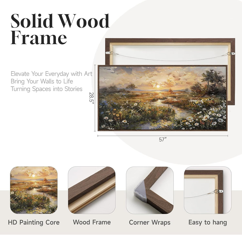 Large Framed Vintage Sunset Landscape Wall Art for Living Room, 60x30 Inch