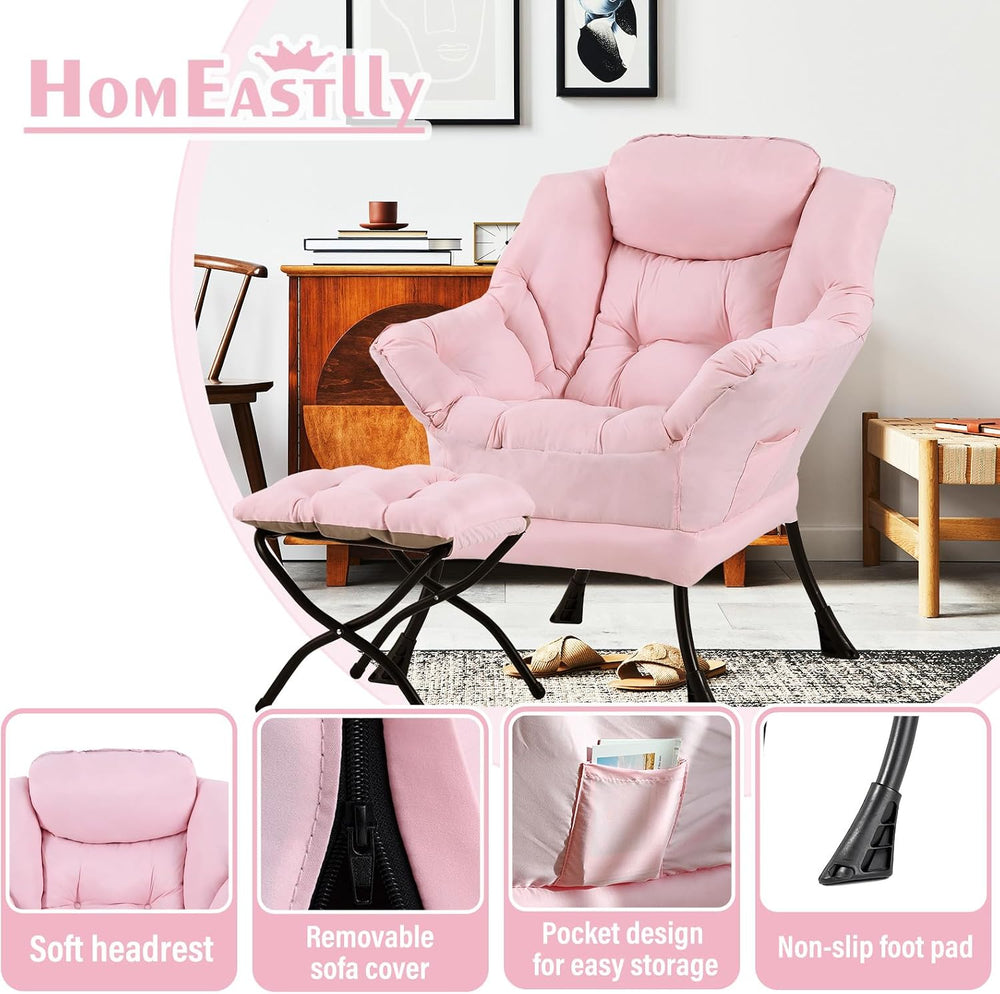 Lazy Chair with Ottoman, Soft Comfy Chair for Bedroom, Pink