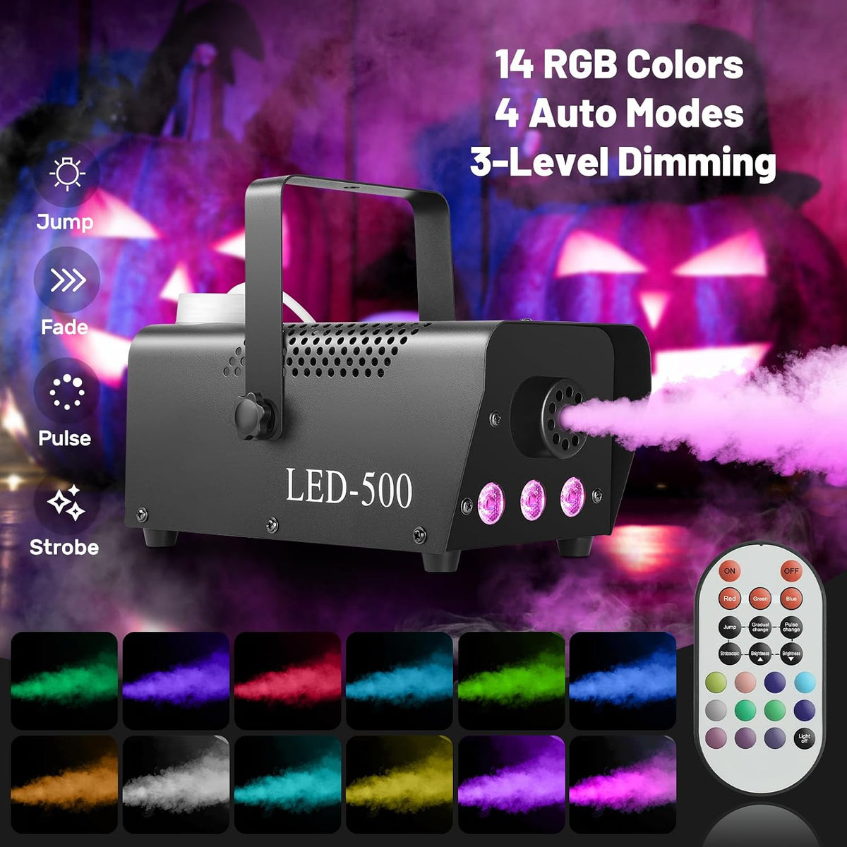 Fog Machine 500W with 14 Color RGB LED Lights and Auto Mode, 2000CFM Smoke Machine Fog with Wireless Remote Control for Parties Indoor Outdoor Wedding DJ Stage Halloween, Black