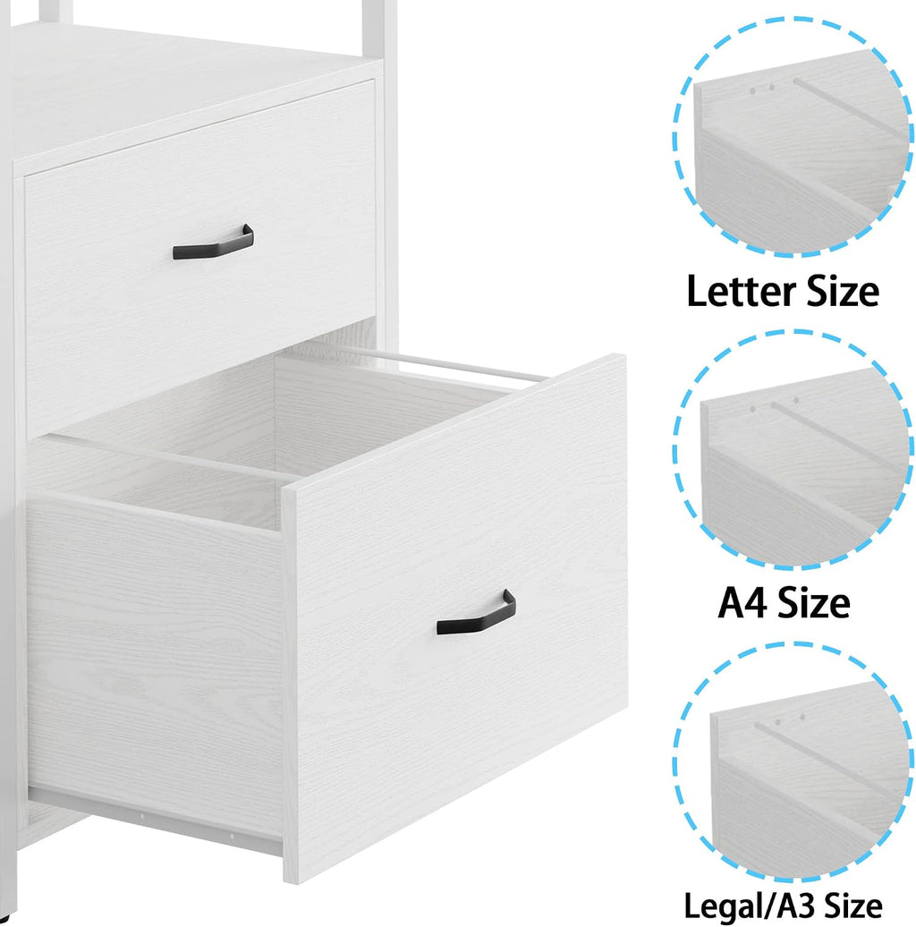 ironck industrial bookcase with file cabinet drawers, white, front angle view