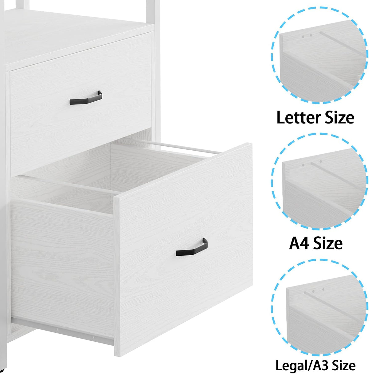 ironck industrial bookcase with file cabinet drawers, white, front angle view