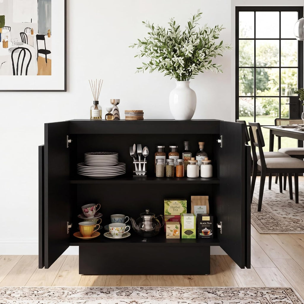 Ya-Home Black Sideboard Buffet Cabinet with Storage, 31.5” Modern Sideboard Cabinet with Arched Doors & Shelf, Farmhouse Accent TV Station Media Console Credenaza for Living Room Entryway