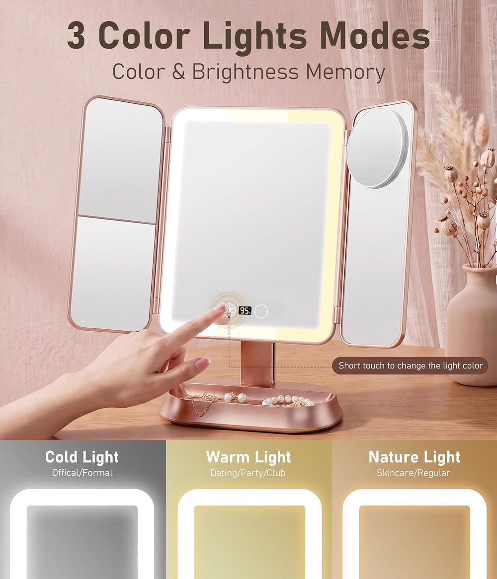 Makeup Mirror With Lights, Magnifying Vanity Mirror, Trifold Travel Mirror