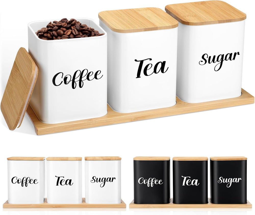Tioncy Coffee Tea Sugar Container with Tray Set of 3 Airtight Metal Canister ...