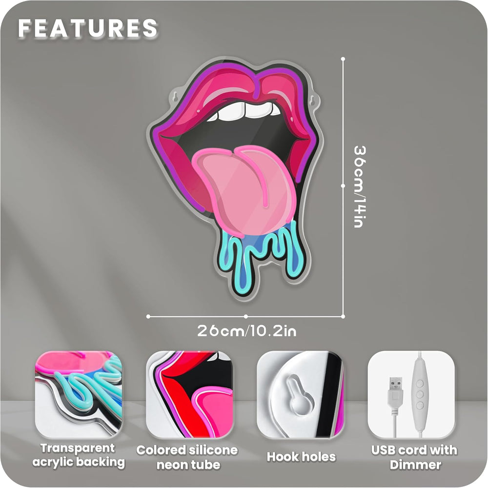 Lips Tongue Neon Sign Tongue LED Neon Light Up Sign for Wall Decor Tongue Dro...