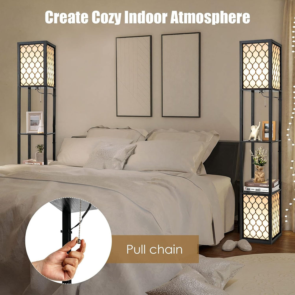 Tangkula Modern Shelf Floor Lamp, Freestanding Double Lamp w/ 2-Tier Wood She...