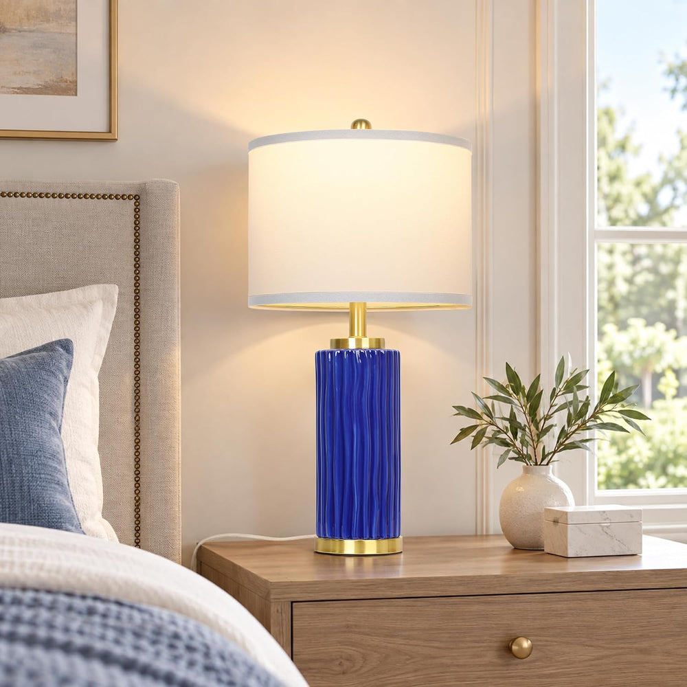 JUNNAI 25'' Navy Blue Ceramic Table Lamp, 3 Color Temperature Bulb In...