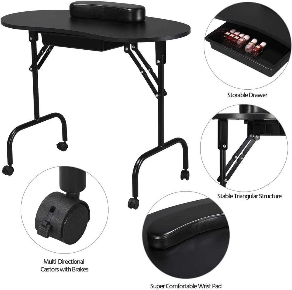 Yaheetech Portable Manicure Table Foldable Nail Desk with Drawer, Black