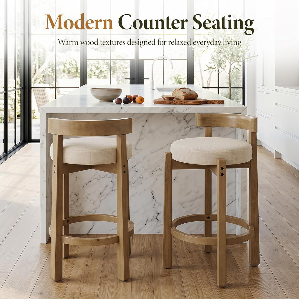 Ya-Home Mid-Century Bar Stools Set of 2, 26.5 Inch Linen Counter Height Uphol...