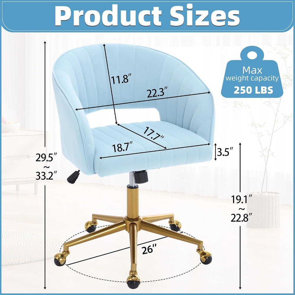 ABET Desk Chair with Wheels, Gold Base, Velvet Accent Vanity Armchair, Blue