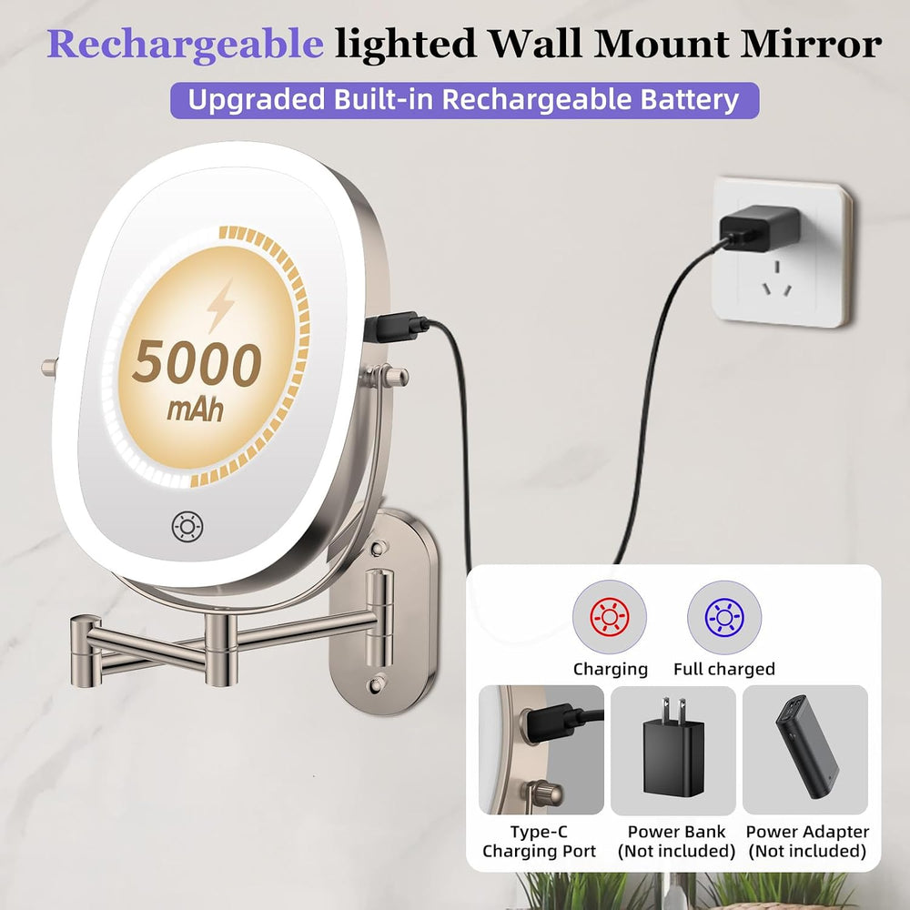 FUNTOUCH 5000mAh Rechargeable Wall Mounted Lighted Makeup Mirror,Nickel