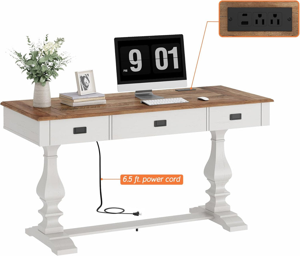 WAMPAT 60-inch Vintage Farmhouse Desk with Charging Station & Deep Drawers