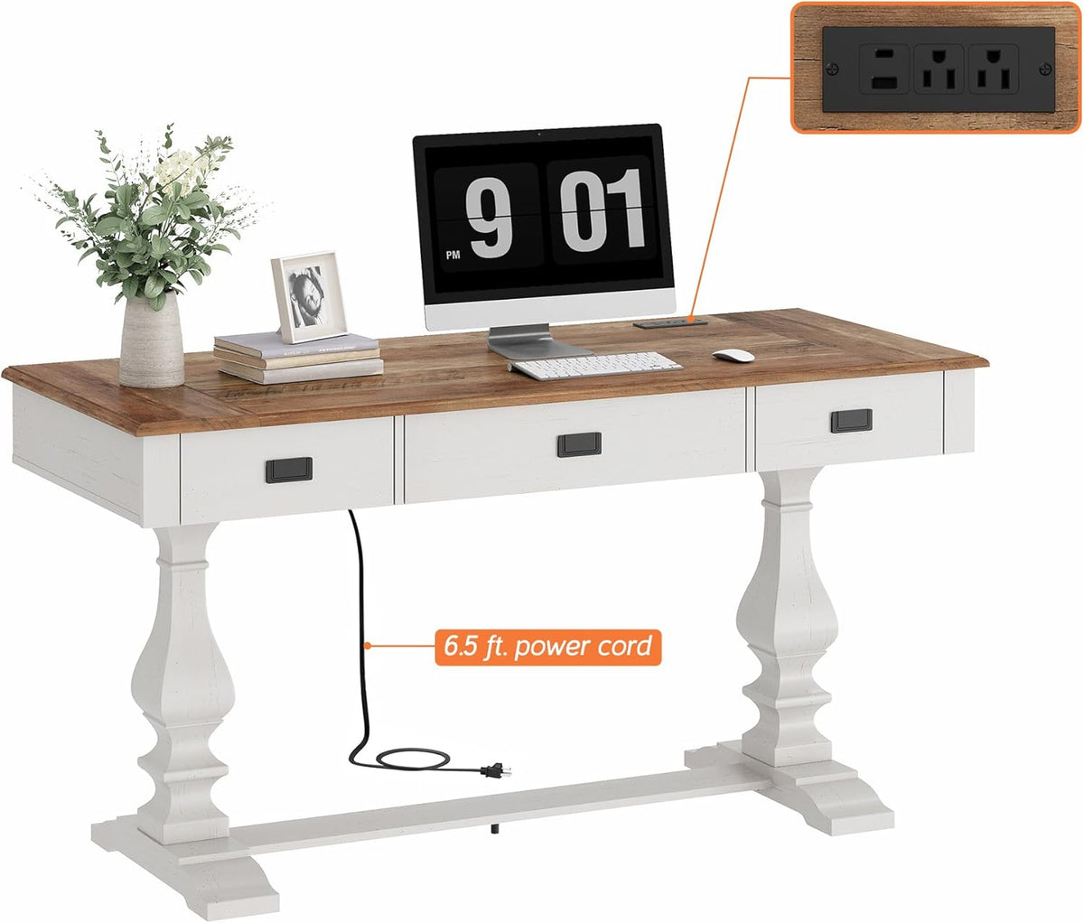 WAMPAT 60-inch Vintage Farmhouse Desk with Charging Station & Deep Drawers