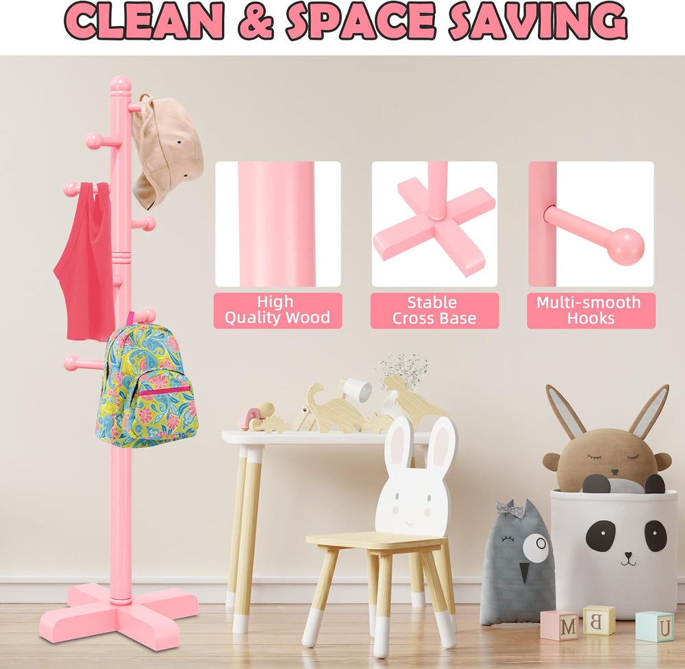 8-Hook Freestanding Wooden Coat Rack 2 Adjustable Heights Pink