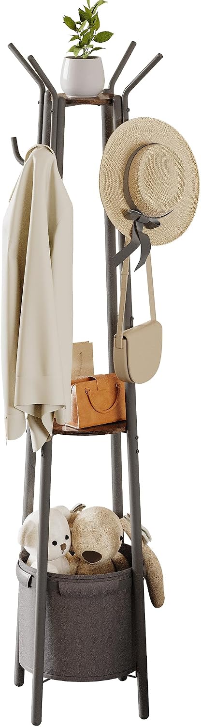 Homeiju Coat Rack with Storage Basket & 12 Hooks, Freestanding Heavy Duty...