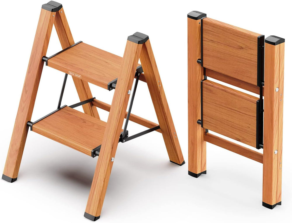 WOA WOA 2 Step Ladder, Foldable Step Stool, 300lbs Load, Wood Grain