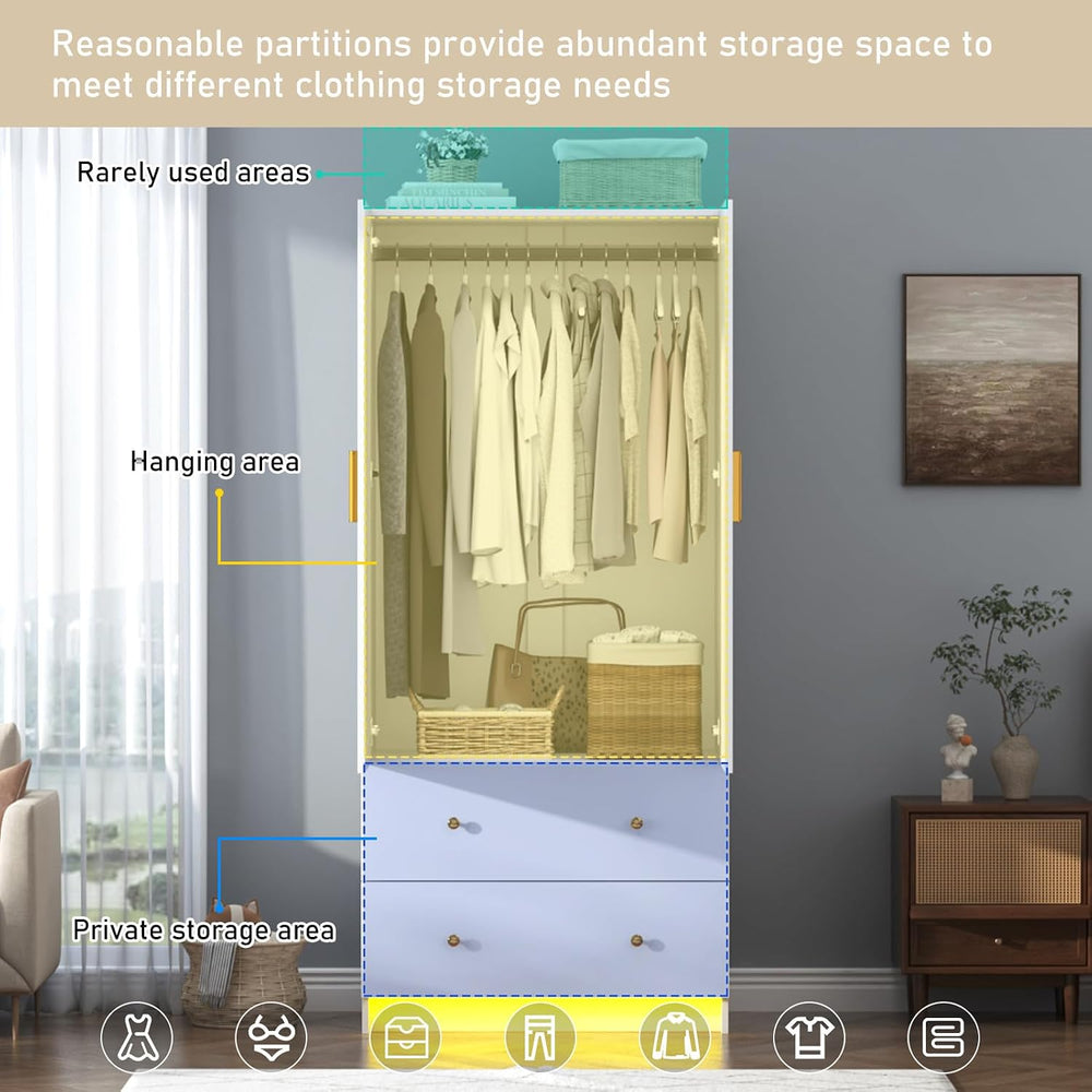 chartustriable 2 Doors Armoire Wardrobe Closet with Mirror, LED Closet with D...