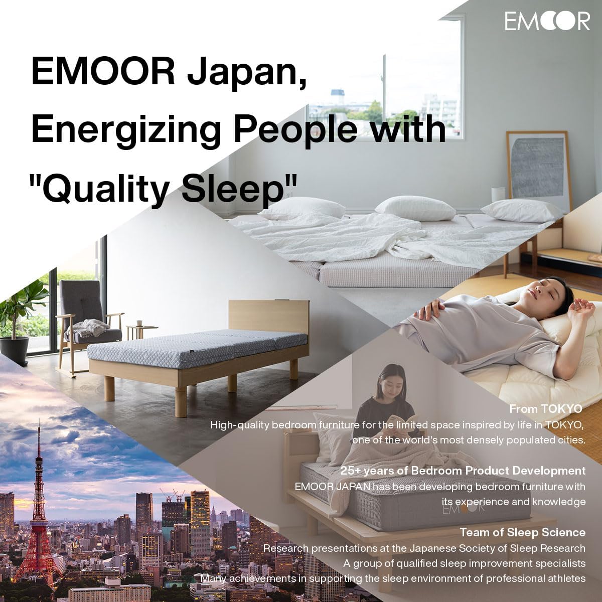 EMOOR Japanese Futon Mattress & Wood Slatted Bed Set Machi-OSMOS Twin (Coffee-Brown), Solid Pine 3-Heights Adjustable Easy-Assemble Japanese Sleeping Bed Tatami Mat