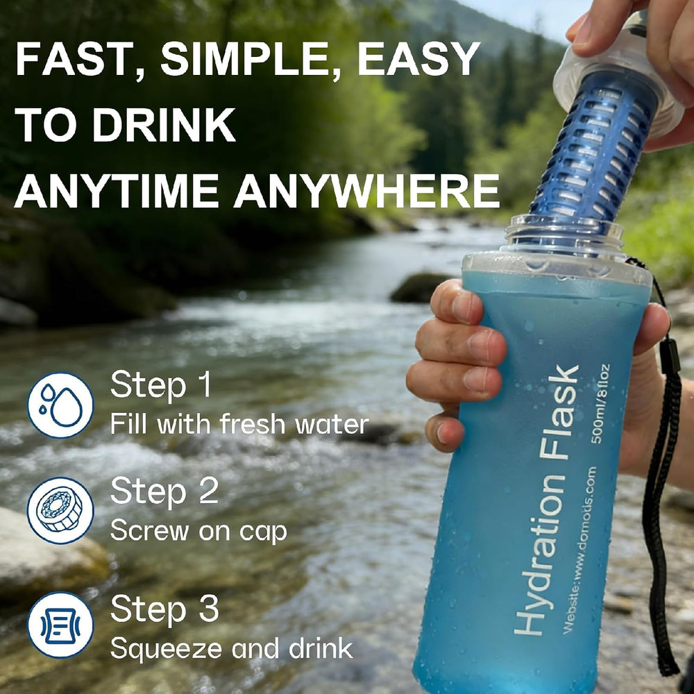 AXEN Collapsible Water Bottle with Filter for Hiking Travel, 500ml Blue