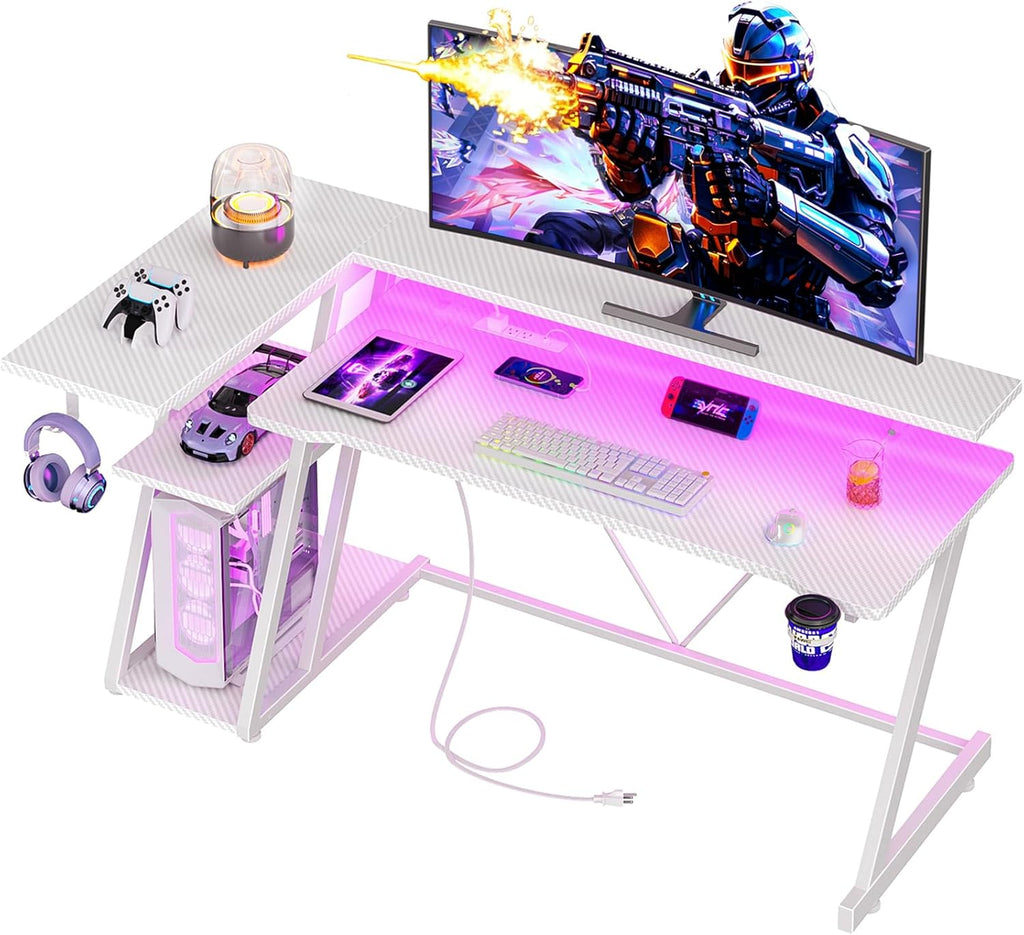 Korfile 55 Inch Gaming Desk with Power Outlet, LED, Carbon Fiber White