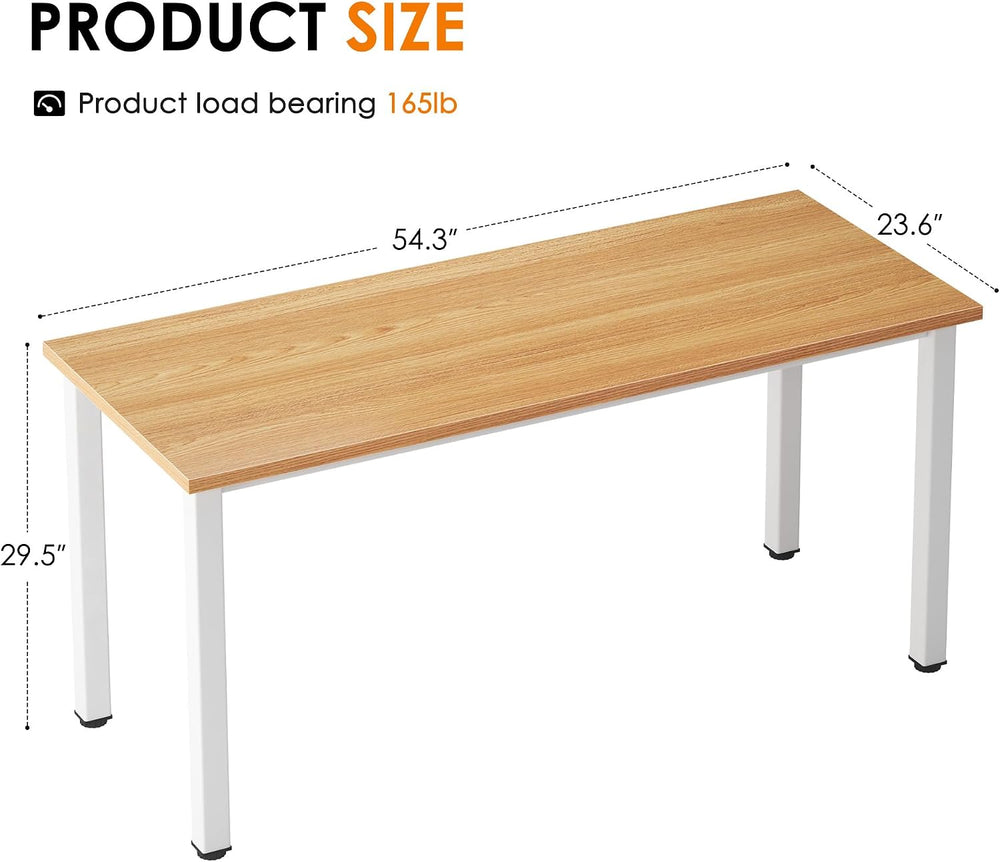 Need 54.3 Inch Large Computer Desk, Teak Wooden Top with White Metal Frame