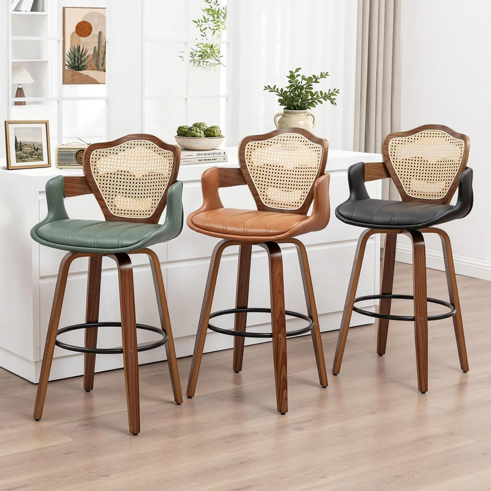 WUPOTO Mid-Century Modern Swivel Bar Stools with Supportive Rattan Back &...