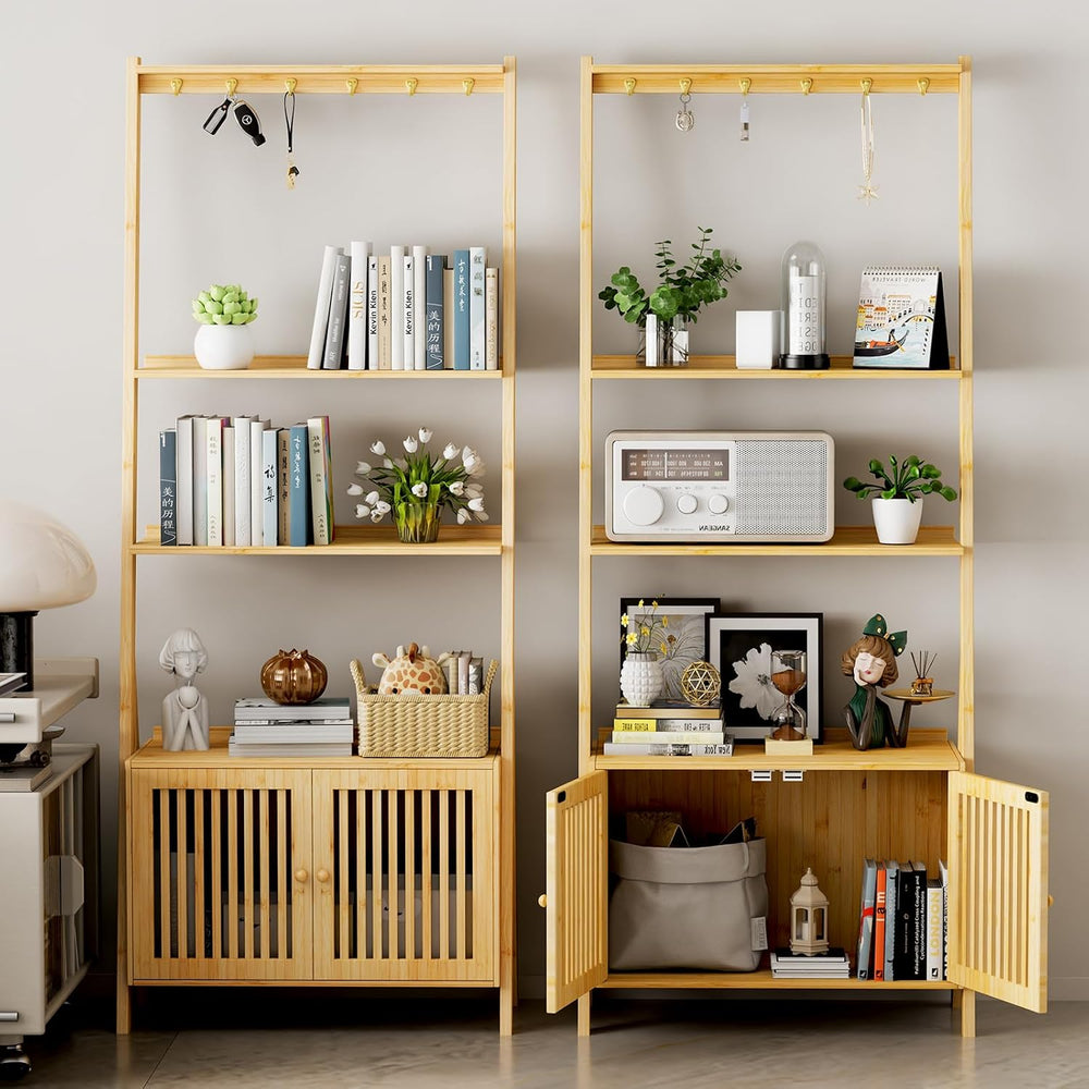 Bookshelf with Drawers, 4-Tier Bamboo Bookcase Ladder Shelf with 6 Hooks