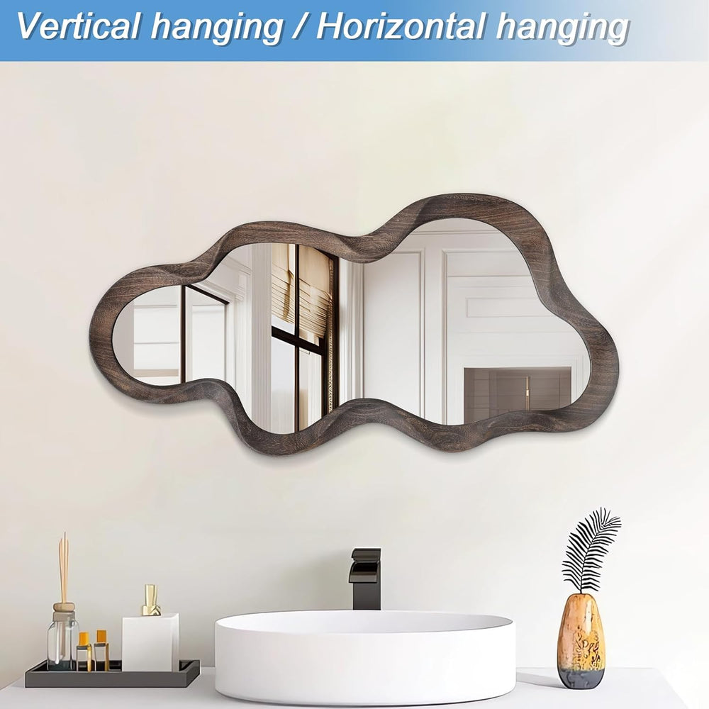 Large Asymmetrical Mirror, Wall Wood Frame Irregular Cloud Wavy Mirror